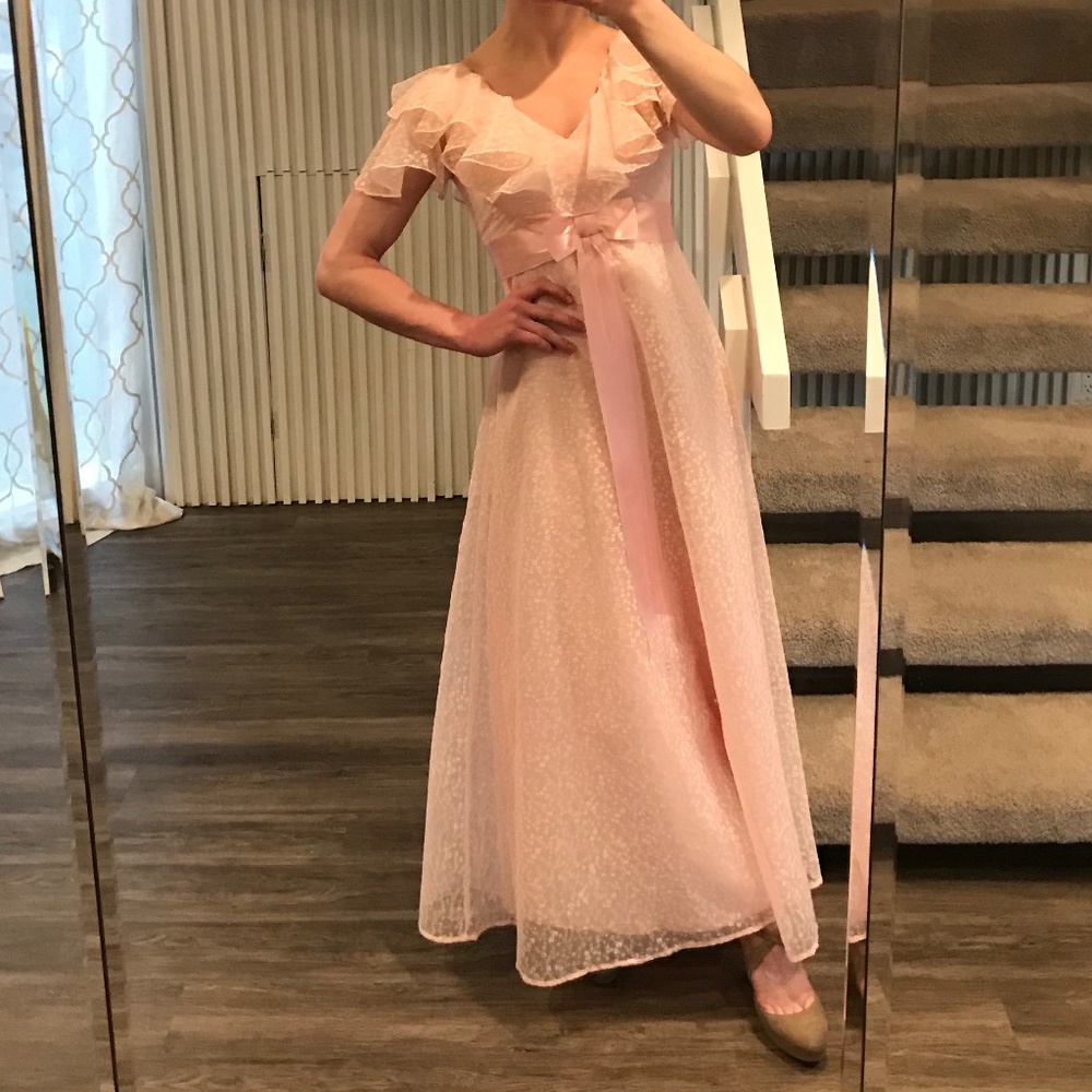 Vintage 70s Does the 30s Pink Flocked Organza Dress, Ruffle Flutter Sleeves, S
